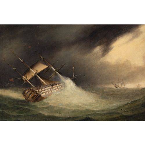 fig 3. 19th-Century English School, HMS Hibernia In Choppy Waters Off Cape Finisterre - Antique Oil Painting