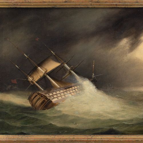 fig 4. 19th-Century English School, HMS Hibernia In Choppy Waters Off Cape Finisterre - Antique Oil Painting