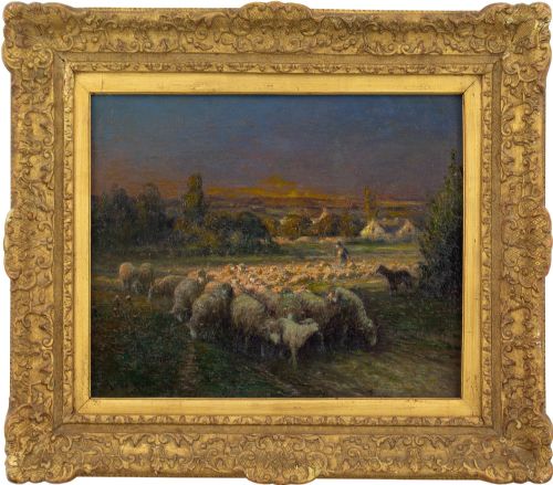 German School, Impressionistic Landscape with Shepherdess Herding Sheep - Antique Oil Painting