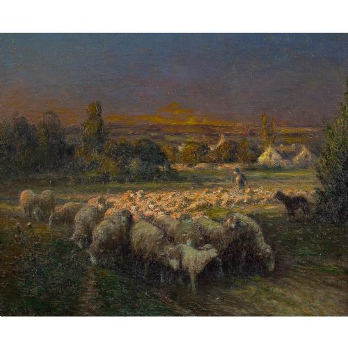 fig 1. German School, Impressionistic Landscape With Shepherdess Herding Sheep - Antique Oil Painting