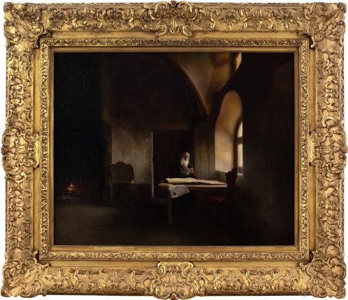 19th-century French School, Church Interior with Capuchin Friar - Antique Oil Painting