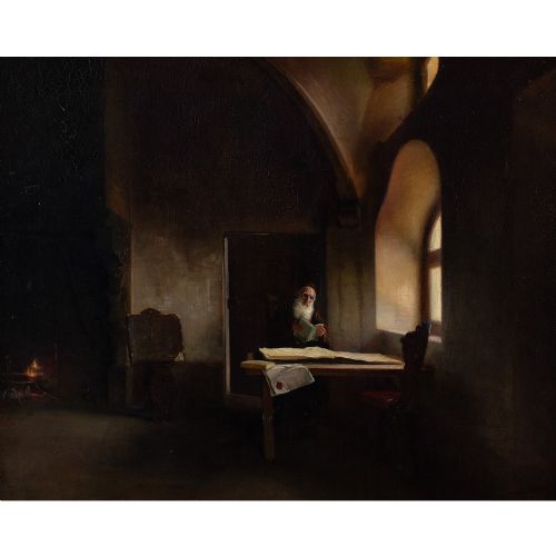 fig 1. 19th-Century French School, Church Interior With Capuchin Friar - Antique Oil Painting