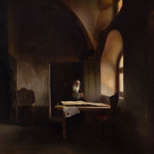 fig 2. 19th-Century French School, Church Interior With Capuchin Friar - Antique Oil Painting