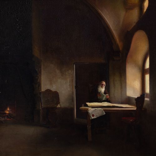 fig 3. 19th-Century French School, Church Interior With Capuchin Friar - Antique Oil Painting