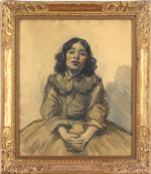 Philippe Swyncop, Portrait of a Girl - Antique Gouache and Ink on Paper