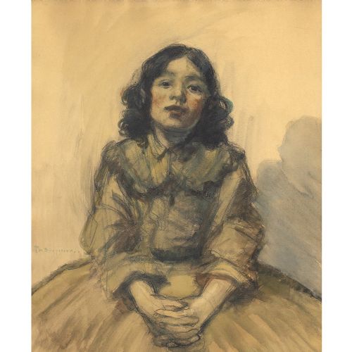 fig 1. Philippe Swyncop, Portrait Of A Girl - Antique Gouache and Ink On Paper