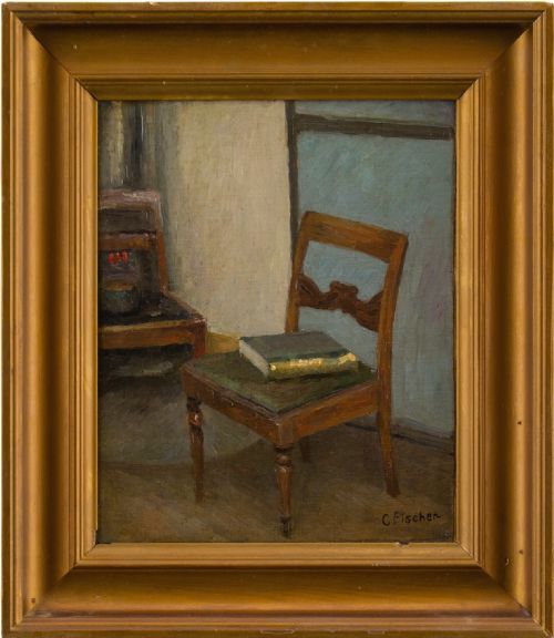 Carl Fischer, Interior with Chairs & Book - Vintage Oil Painting