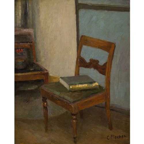 fig 1. Carl Fischer, Interior With Chairs & Book - Vintage Oil Painting