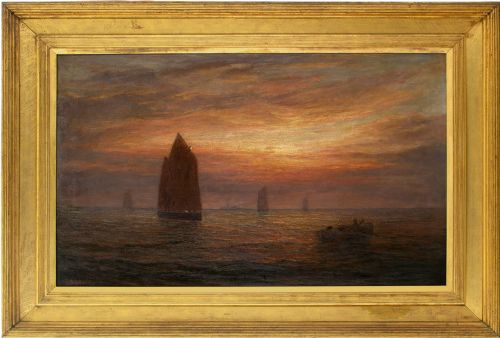 Nicholas Percy Fox, Tranquil Seascape with Sunset & Fishing Boats - Very Large Antique Oil Painting