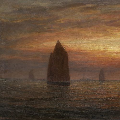 fig 1. Nicholas Percy Fox, Tranquil Seascape With Sunset & Fishing Boats - Very Large Antique Oil Painting