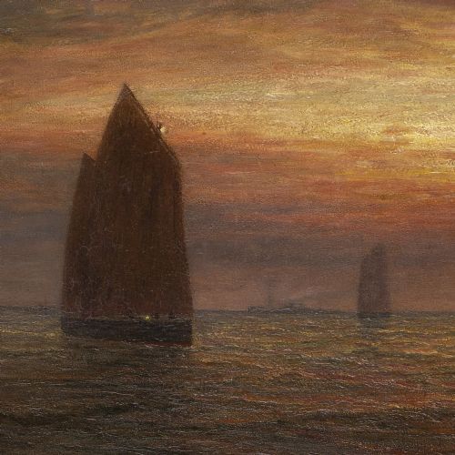 fig 2. Nicholas Percy Fox, Tranquil Seascape With Sunset & Fishing Boats - Very Large Antique Oil Painting