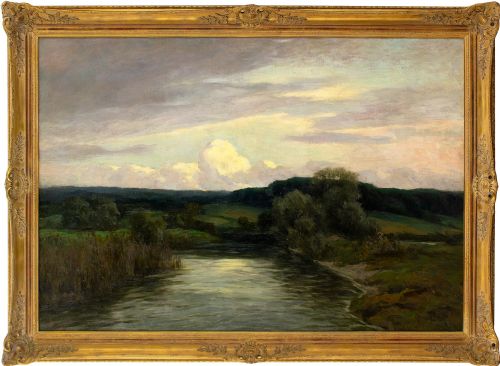 Hans Best, Tranquil River Landscape - Very Large Antique Oil Painting