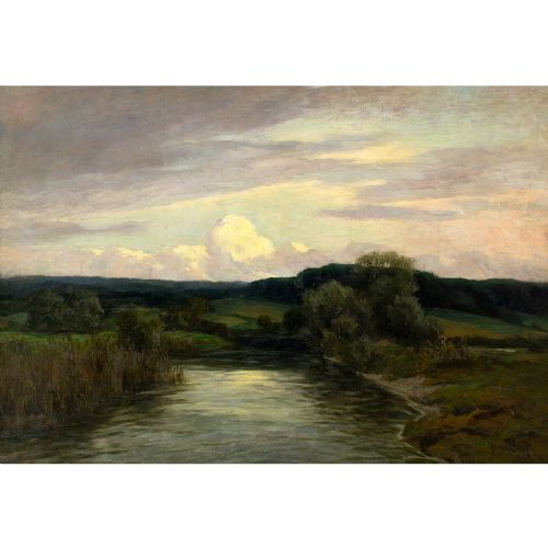 fig 1. Hans Best, Tranquil River Landscape - Very Large Antique Oil Painting 