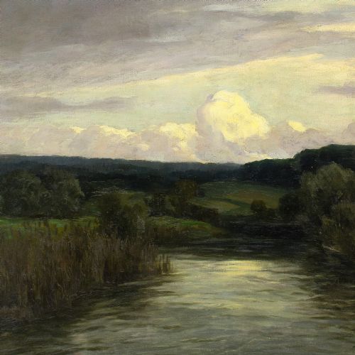 fig 2. Hans Best, Tranquil River Landscape - Very Large Antique Oil Painting 