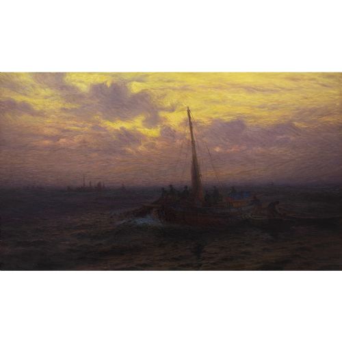 fig 1. Emil Ekman, Marine Scene With Fishing Boats - Very Large Antique Oil Painting