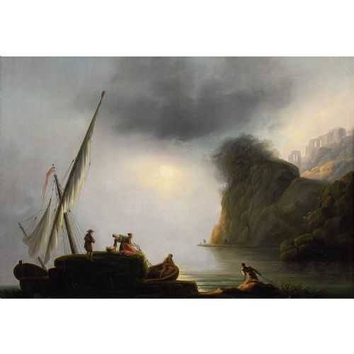 fig 1. Claude Joseph Vernet (Follower), Italianate Port Scene With Fishermen - Antique Oil Painting