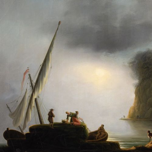 fig 3. Claude Joseph Vernet (Follower), Italianate Port Scene With Fishermen - Antique Oil Painting