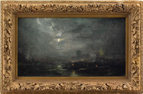 Alexandre Marcette, Tugboats in Dordrecht, Netherlands - Antique Oil Panting