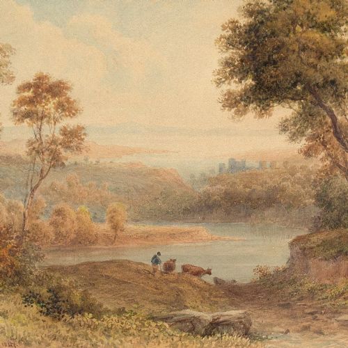 fig 2. Anthony Vandyke Copley Fielding, View Down The River Wye Towards Chepstow Castle, Monmouthshire - Antique Watercolour