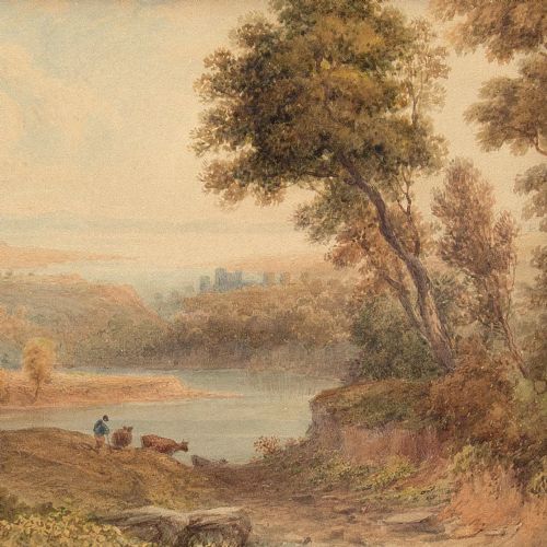 fig 3. Anthony Vandyke Copley Fielding, View Down The River Wye Towards Chepstow Castle, Monmouthshire - Antique Watercolour