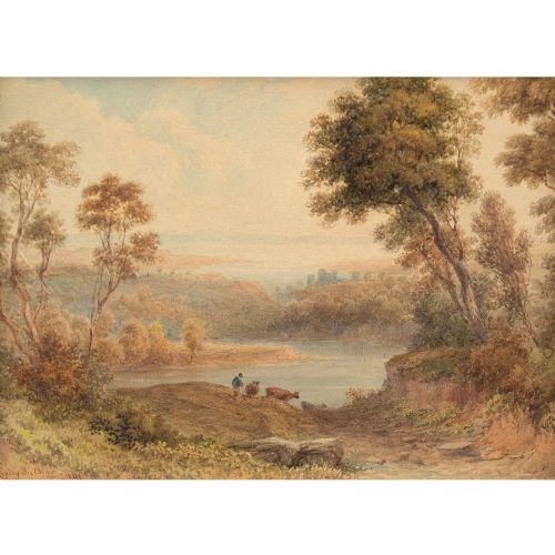 fig 4. Anthony Vandyke Copley Fielding, View Down The River Wye Towards Chepstow Castle, Monmouthshire - Antique Watercolour