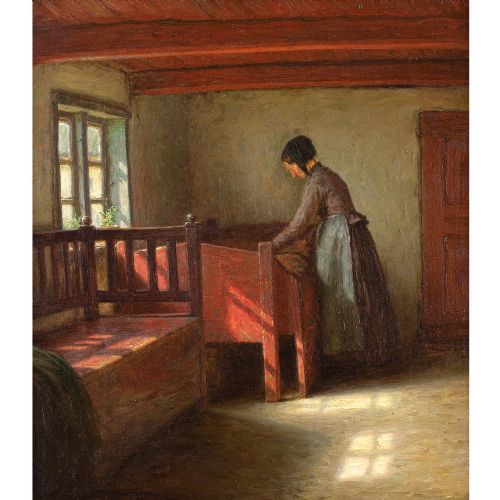 fig 1. Valdemar Magaard, Making The Bed - Antique Oil Painting
