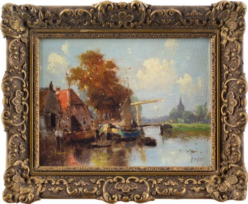 Early 20th-century Dutch School, Canal View with Cottage - Vintage Oil Painting