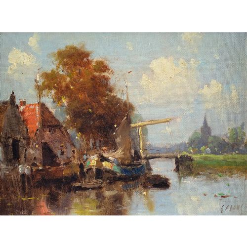 fig 1. Early 20th-Century Dutch School, Canal View With Cottage - Vintage Oil Painting
