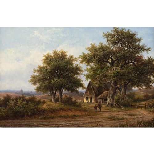 fig 1. Hendrik Pieter Koekkoek, Picturesque Landscape With Oak Trees - Antique Oil Painting