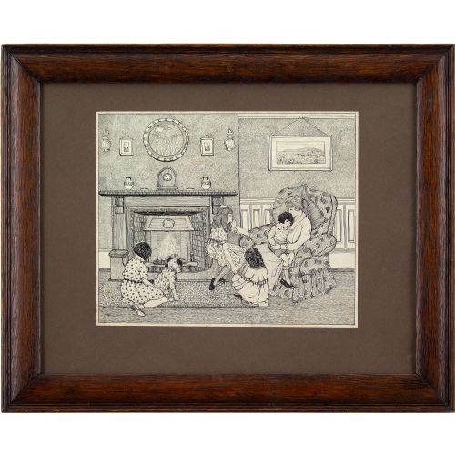Phyllis Mary Antrobus, Lounge Interior with Family - Antique Drawing