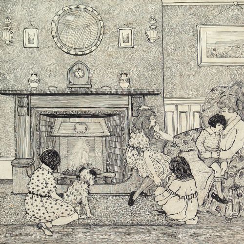 fig 1. Phyllis Mary Antrobus, Lounge Interior With Family - Antique Drawing