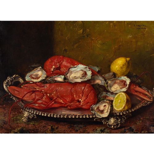 fig 1. Edward Chappel, Still Life With Lobsters & Oysters - Antique Oil Painting