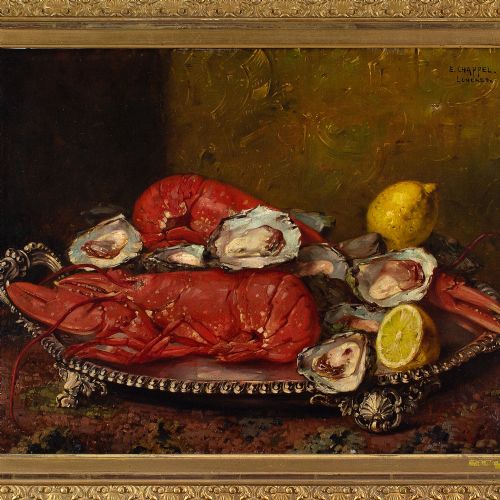 fig 2. Edward Chappel, Still Life With Lobsters & Oysters - Antique Oil Painting