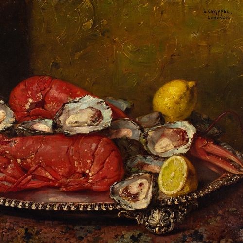 fig 3. Edward Chappel, Still Life With Lobsters & Oysters - Antique Oil Painting