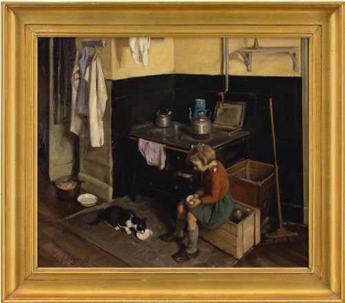 Knud Edsberg, Kitchen Interior with Girl & Cat - Vintage Oil Painting