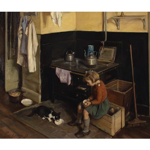 fig 1. Knud Edsberg, Kitchen Interior With Girl & Cat - Vintage Oil Painting