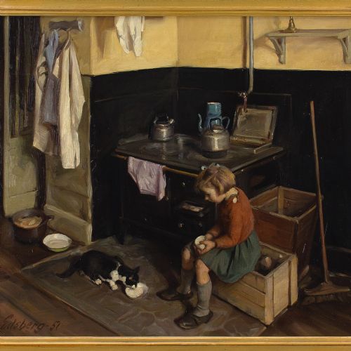 fig 2. Knud Edsberg, Kitchen Interior With Girl & Cat - Vintage Oil Painting