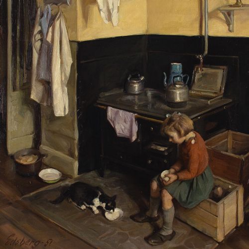 fig 3. Knud Edsberg, Kitchen Interior With Girl & Cat - Vintage Oil Painting