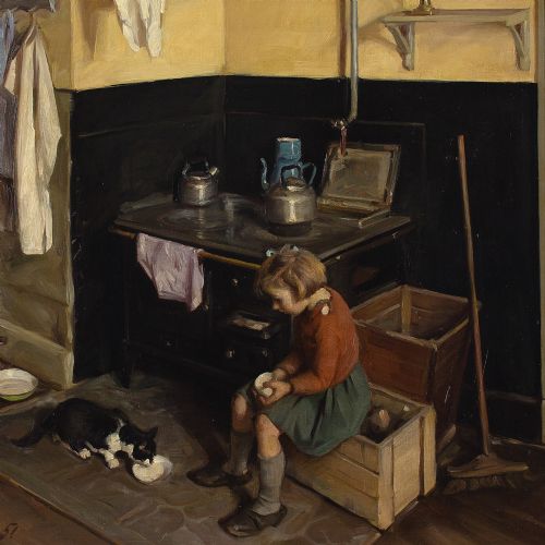 fig 4. Knud Edsberg, Kitchen Interior With Girl & Cat - Vintage Oil Painting