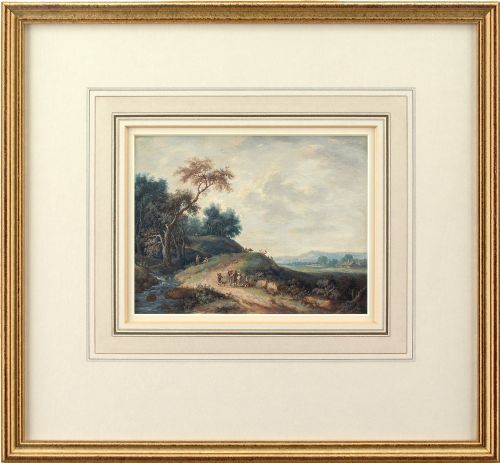 John Inigo Richards Ra (Attributed), Landscape with Country Track, Figures, Cottages & Far-reaching View - Antique Watercolour