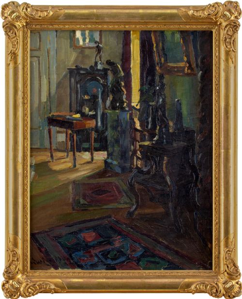 Herbert Ludwig, Interior with Sculptures - Antique Oil Painting