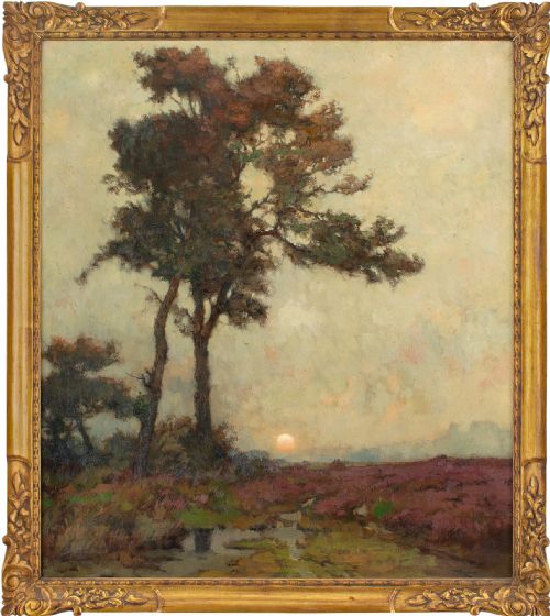Louis Albert Roessingh, Heath Landscape at Twilight - Antique Oil Painting