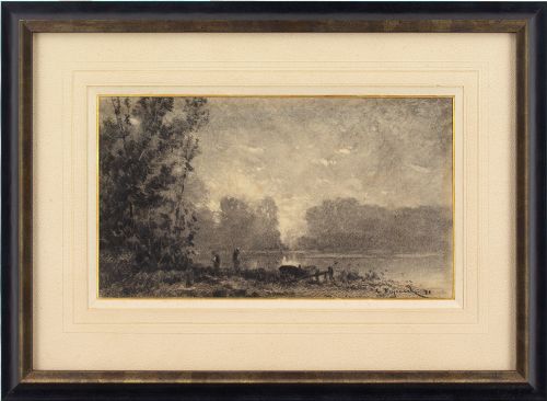 Frank Charles Peyraud, River Landscape with Boatmen - Antique Charcoal Drawing