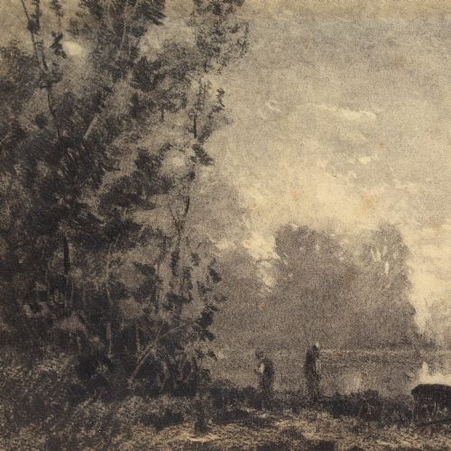 fig 1. Frank Charles Peyraud, River Landscape With Boatmen - Antique Charcoal Drawing