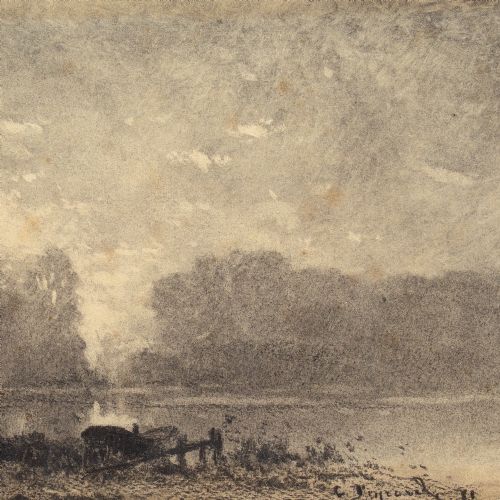 fig 2. Frank Charles Peyraud, River Landscape With Boatmen - Antique Charcoal Drawing