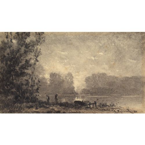 fig 3. Frank Charles Peyraud, River Landscape With Boatmen - Antique Charcoal Drawing