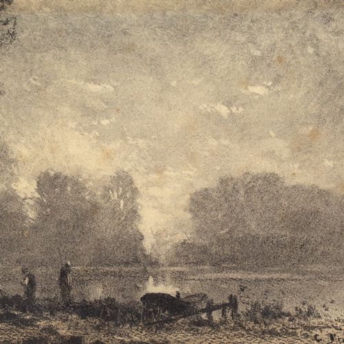 fig 4. Frank Charles Peyraud, River Landscape With Boatmen - Antique Charcoal Drawing