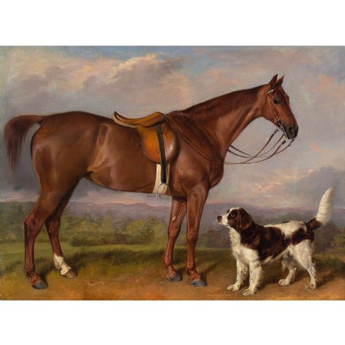 fig 1. John Ferneley Snr (Circle), Study Of A Chestnut Hunter & Spaniel In A Landscape - Antique Oil Panting