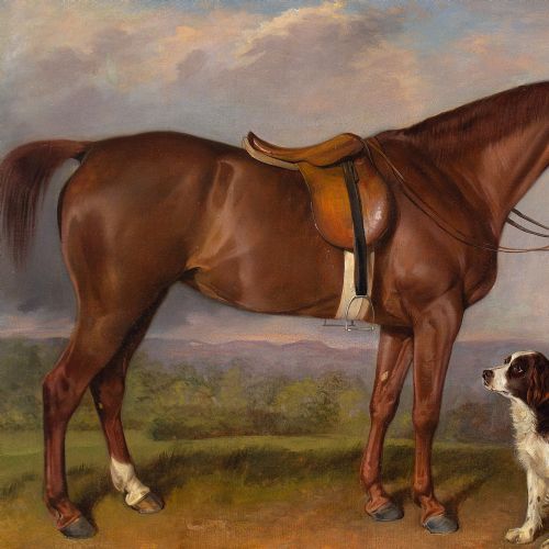 fig 2. John Ferneley Snr (Circle), Study Of A Chestnut Hunter & Spaniel In A Landscape - Antique Oil Panting