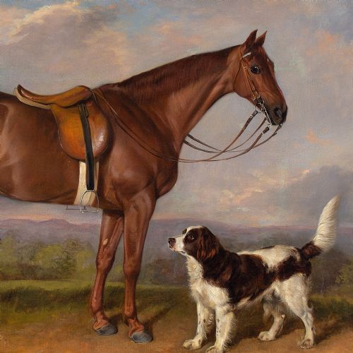 fig 3. John Ferneley Snr (Circle), Study Of A Chestnut Hunter & Spaniel In A Landscape - Antique Oil Panting